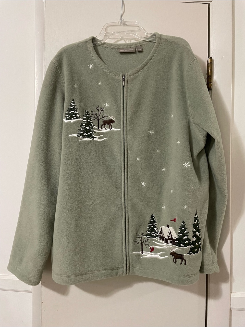 Croft & Barrow sage green zip up sweater with embroidered winter scene design